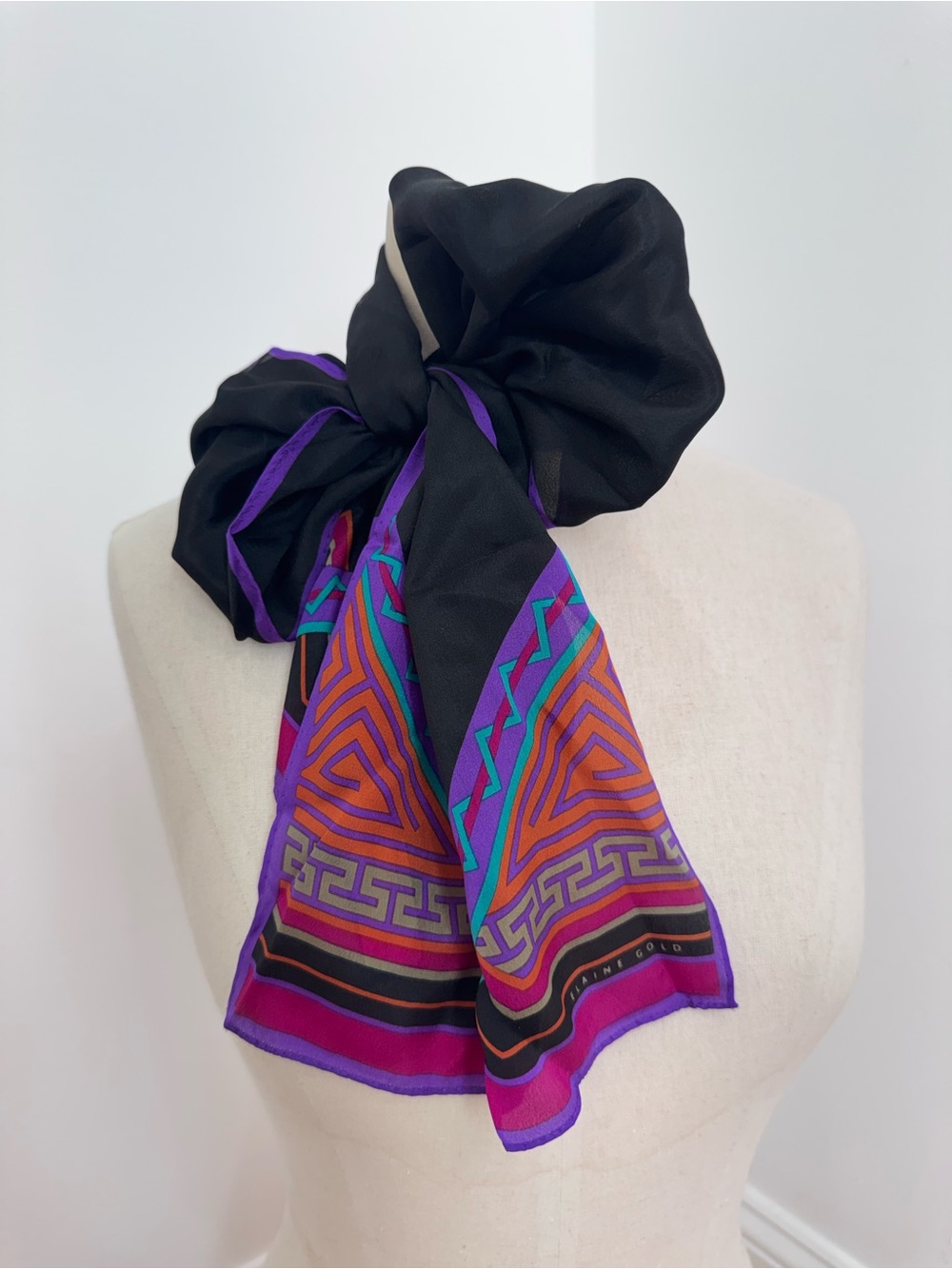 Vintage Elaine Gold Silk Rectangle Scarf Black Purple Retro 80s 90s Abstract